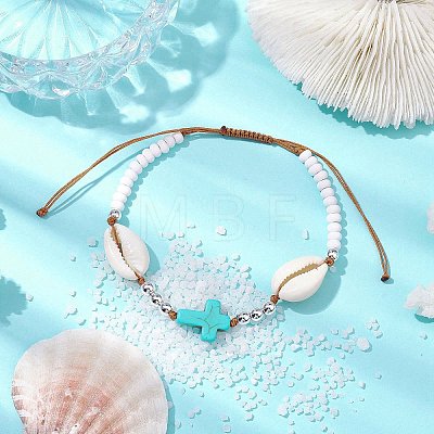 Corss Synthetic Turquoise & Natural Cowrie Shell Braided Bead Bracelets BJEW-JB10357-02-1