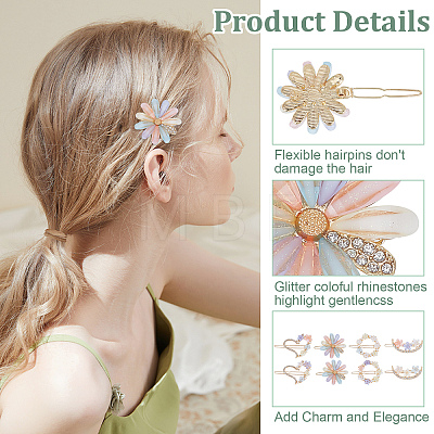 8Pcs 4 Style Flower Plastic & Alloy Rhinestone Hair Pin PHAR-CP0001-07-1