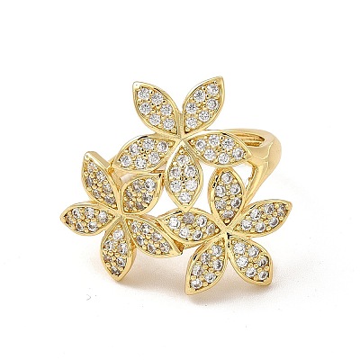 Clear Cubic Zirconia Leaf Adjustable Ring RJEW-I092-13G-1