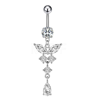 316L Surgical Stainless Steel Cubic Zirconia Butterfly Curved Barbell Dangle Belly Rings WGB11C1-07-1