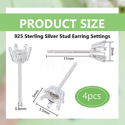 2 Pairs 925 Sterling Silver Stud Earring Settings STER-BC0002-89B-1