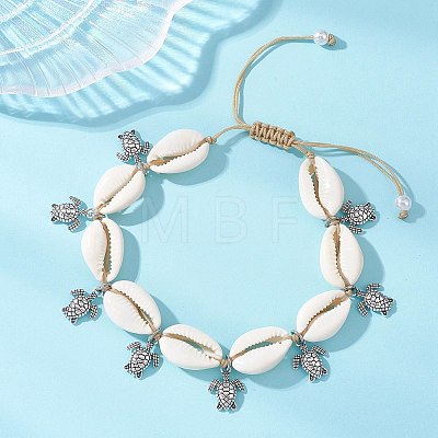 Adjustable Ocean Alloy Turtle Charms Natural Cowrie Shell Braided Bead Anklets for Womem AJEW-AN00784-1