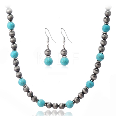 Synthetic Turquoise & CCB Plastic Round Beaded Necklaces & Dangle Earrings Sets WG1B28D-02-1