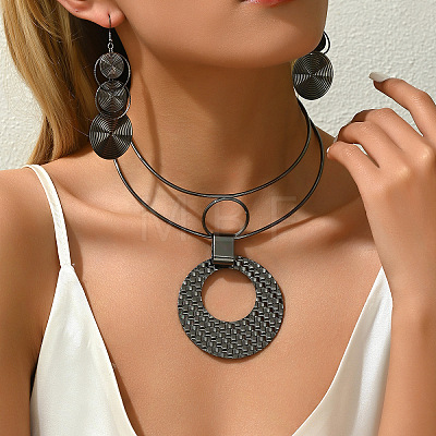 Ring with Flat Round Alloy Pendant Bib Choker & Dangle Earrings Sets FS-WG0F30A-02-1