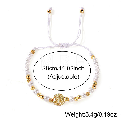 Elegant Round Brass & Imitation Pearl Beads Braided Bead Bracelets FJ6643-1