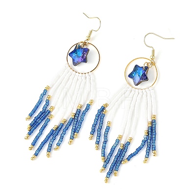 Star Glass Seed Beaded Dangle Tassel Earrings EJEW-MZ00777-01-1
