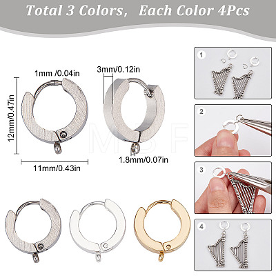 12Pcs 3 Colors 201 Stainless Steel Huggie Hoop Earrings Findings STAS-SC0004-52-1
