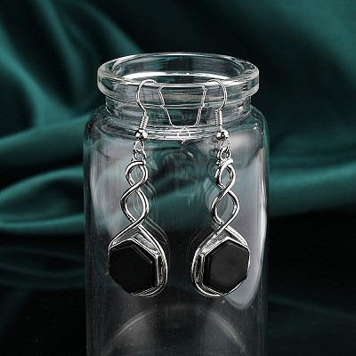 Hexagon Natural Obsidian Dangle Earrings EJEW-K298-01P-08-1