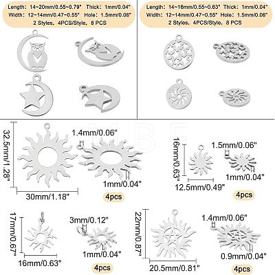 SUPERFINDINGS 32Pcs 8 Style 201/304 Stainless Steel Solar Eclipse Pendants STAS-FH0001-42-1