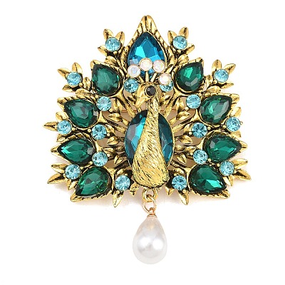 Peacock Alloy & Rhinestone & Plastic Pearl Brooches JEWB-G047-05AG-1