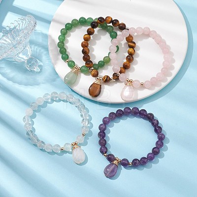 Natural Mixed Gemstone Stretch Bracelets with Teardrop Charms for Women BJEW-JB10110-1