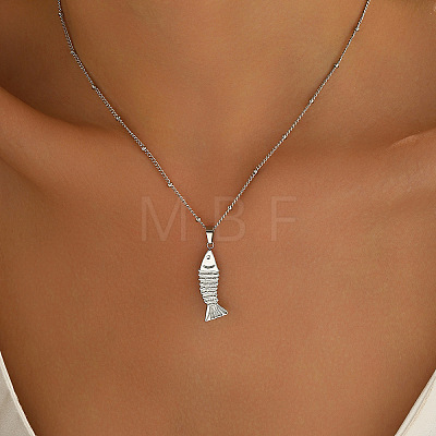 Summer Bach 304 Stainless Steel Fish Pendant Satellite Chain Necklaces for Women NJEW-F373-02P-1