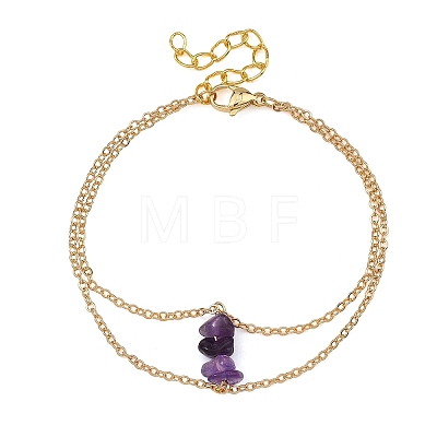 Brass Cable Chains & Natural Amethyst Chip Beads Double Layers Bracelets for Women BJEW-JB14134-03-1
