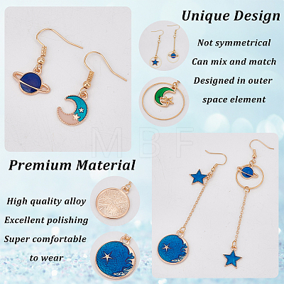 9 Pairs 9 Style Rhinestone Sun & Moon & Star & Planet Enamel Asymmetrical Earrings EJEW-AN0002-14-1