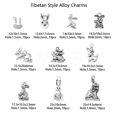 100Pcs 10 Style Tibetan Style Alloy Bunny Pendants TIBEP-CJ0001-72-1