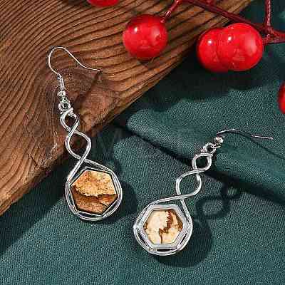 Hexagon Natural Picture Jasper Dangle Earrings EJEW-K298-01P-11-1