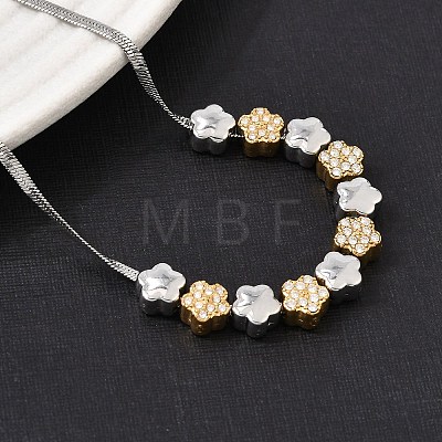 Duo Tone 304 Stainless Steel Micro Pave Clear Cubic Zirconia Beaded Pendant Flat Snake Chain Necklaces SA-CBAB122-01B-1