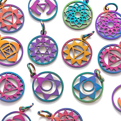 14Pcs 7 Style Chakra Theme Ion Plating(IP) 201 Stainless Steel Charms STAS-LS0001-70MC-1