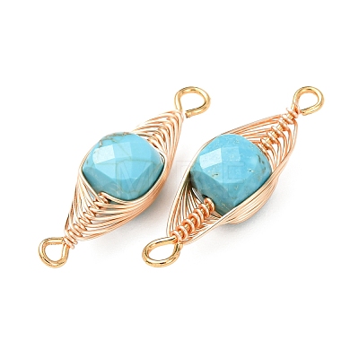 Natural Turquoise Faceted Cube Links Connector Charms with Copper Herringbone Wire-Wrapped KK-Z152-06G-02B-1