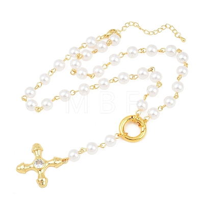 Brass Pave Clear Cubic Zirconia Cross Y Pendant Necklaces with ABS Imitation Pearl Handmade Link Chain NJEW-F364-06G-1