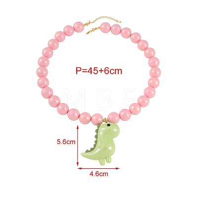 Resin Dinosaur Pendant Pink Round Beaded Necklaces for Women WG6D99C-01-1