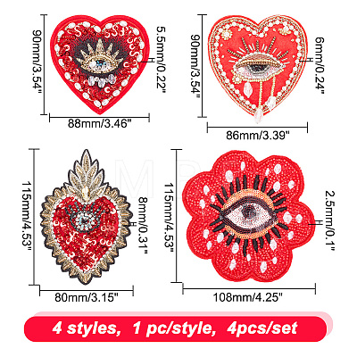 4Pcs 4 Style Heart/Flower with Evil Eye Handicraft Beading Felt Appliques PATC-AR0001-10-1