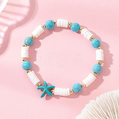 Natural White Shell & Synthetic Turquoise Beads Stretch Bracelets for Women BJEW-JB13477-02-1