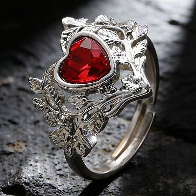Alloy Rhinestone Heart with Leaf Cuff Open Rings for Women WG7A7E7-02-1