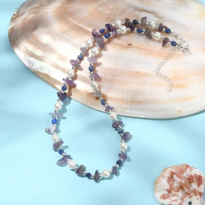 Natural Amethyst & Lapis Lazuli Chips & Shell Pearl Beaded Necklace for Women NJEW-TA00127-1