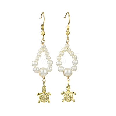 Shell Pearl and Brass Micro Pave Cubic Zirconia Charms Dangle Earring EJEW-JE07431-01-1