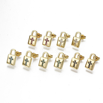 Brass Micro Pave Cubic Zirconia Padlock Stud Earrings EJEW-N011-29-NF-1