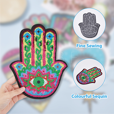 6Pcs 6 Style Hamsa Hand/Heart with Evil Eye Computerized Embroidery Cloth Iron on Sequins Patches DIY-HY0001-50-1