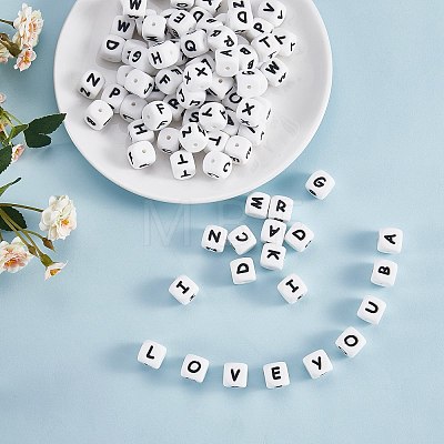 20Pcs White Cube Letter Silicone Beads 12x12x12mm Square Dice Alphabet Beads with 2mm Hole Spacer Loose Letter Beads for Bracelet Necklace Jewelry Making JX432Z-1