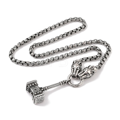 304 Stainless Steel Tiger Head King Box Chain Viking Mjolnir Thor Hammer Pendant Necklaces for Men NJEW-K378-04AS-1