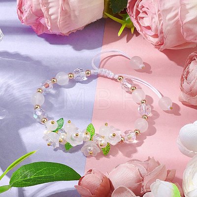 Flower Glass & Acrylic Braided Bead Adjustable Bracelets for Women BJEW-JB10445-1