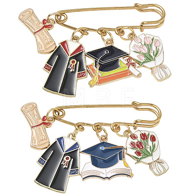 2Pcs Graduation & Tulip Charm Alloy Enamel Safety Pin Brooches JEWB-YW00003-1