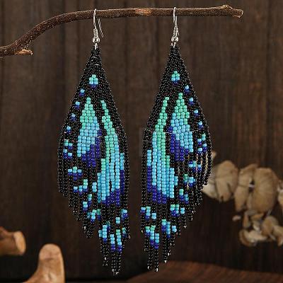 Bohemian Style Handmade Glass Seed Beads Butterfly Wing Tassel Stud Earrings OK8967-1-1
