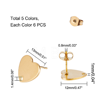 Unicraftale 30Pcs 5 Colors Heart Shape Vacuum Plating 304 Stainless Steel Stud Earring Findings EJEW-UN0001-63-1