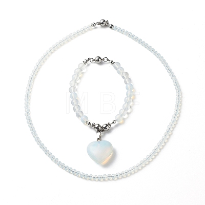 2Pcs 2 Style Opalite Heart Pendant Necklaces Set NJEW-JN04068-1