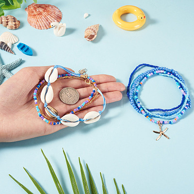 2 Bags Summer Beach Glass Seed Beaded & Natural Shell & Alloy Starfish Charm Anklet Sets AJEW-TA0003-69D-1