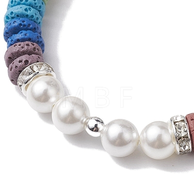 Disc 7-Color Natural Lava Rock & 8mm Round Shell Pearl Beaded Stretch Bracelets for Women Men BJEW-JB10330-02-1