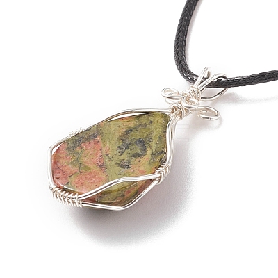 Natural Unakite Teardrop Pendant Necklaces Set with Waxed Cords for Women NJEW-TA00034-01-1