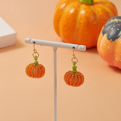 Wood & Seed Beaded Pumpkin Pendant Dangle Earring EJEW-JE05183-1