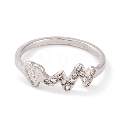 304 Stainless Steel with Rhinestone Heartbeat Finger Ring for Women RJEW-C086-16-P-1