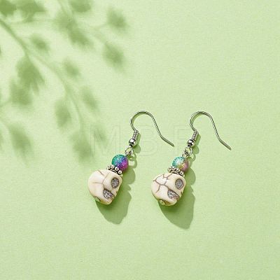 Synthetic Magnesite Skull with Acrylic Beaded Dangle Earrings EJEW-JE05054-01-1