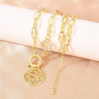 Mother's Day Brass Micro Pave Clear Cubic Zirconia Hollow Flat Round with Heart Mama Pendant Necklaces for Women NJEW-A071-05G-1