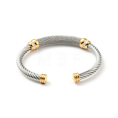 304 Stainless Steel Twist Rope Shape Open Cuff Bangle with Rhinestone for Women BJEW-D449-01GP-01-1
