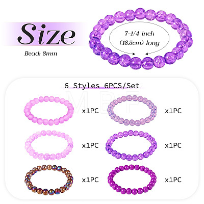 6Pcs 6 Styles 8mm Glass Round Beaded Stretch Bracelet Sets BJEW-TAC0022-1