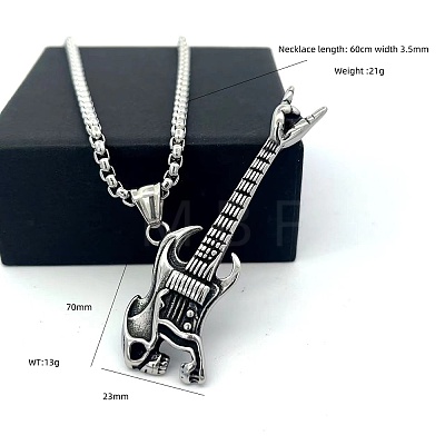 Punk Fashion 304 Stainless Steel Skull Guitar Pendant Necklaces for Unisex CY1349-1