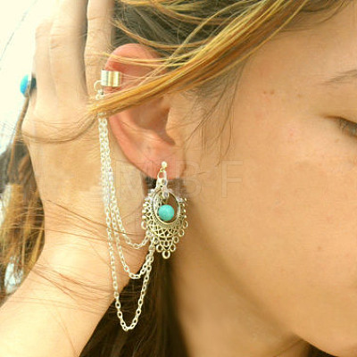 Retro Water Teardrop Turquoise and Twisted Chains Alloy Cuff Earrings EJEW-N0020-004B-1